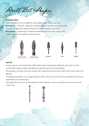 Page 14, Drill Bit Shapes: diamond flame bits with red and blue grit bands, corn, cone and barrel bits, ball bit