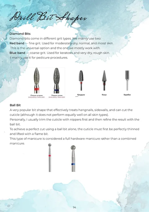 Page 14, Drill Bit Shapes: diamond flame bits with red and blue grit bands, corn, cone and barrel bits, ball bit