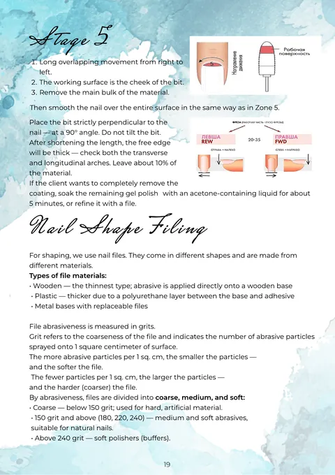 Page 19, removal stage 5 and nail shape filing: file materials and grit